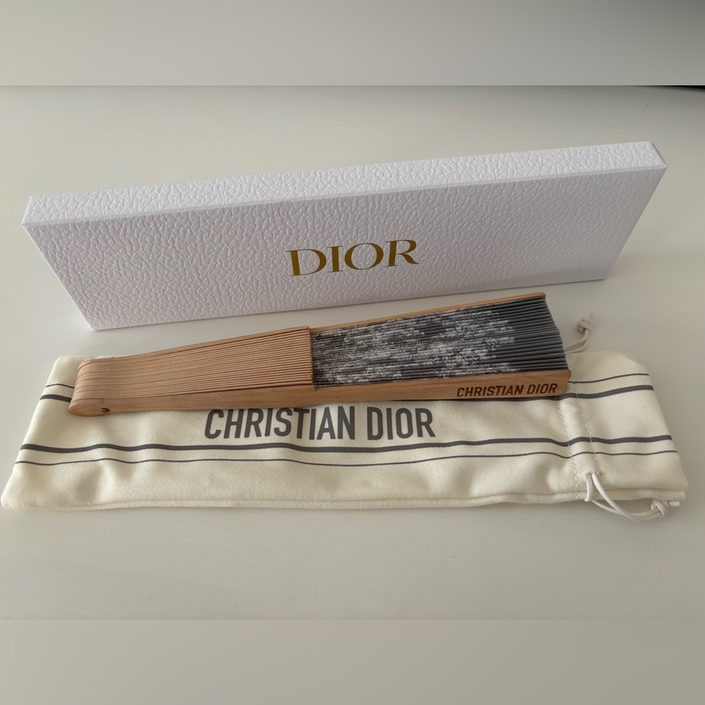 Dior Gray Hand Fan with storage pouch